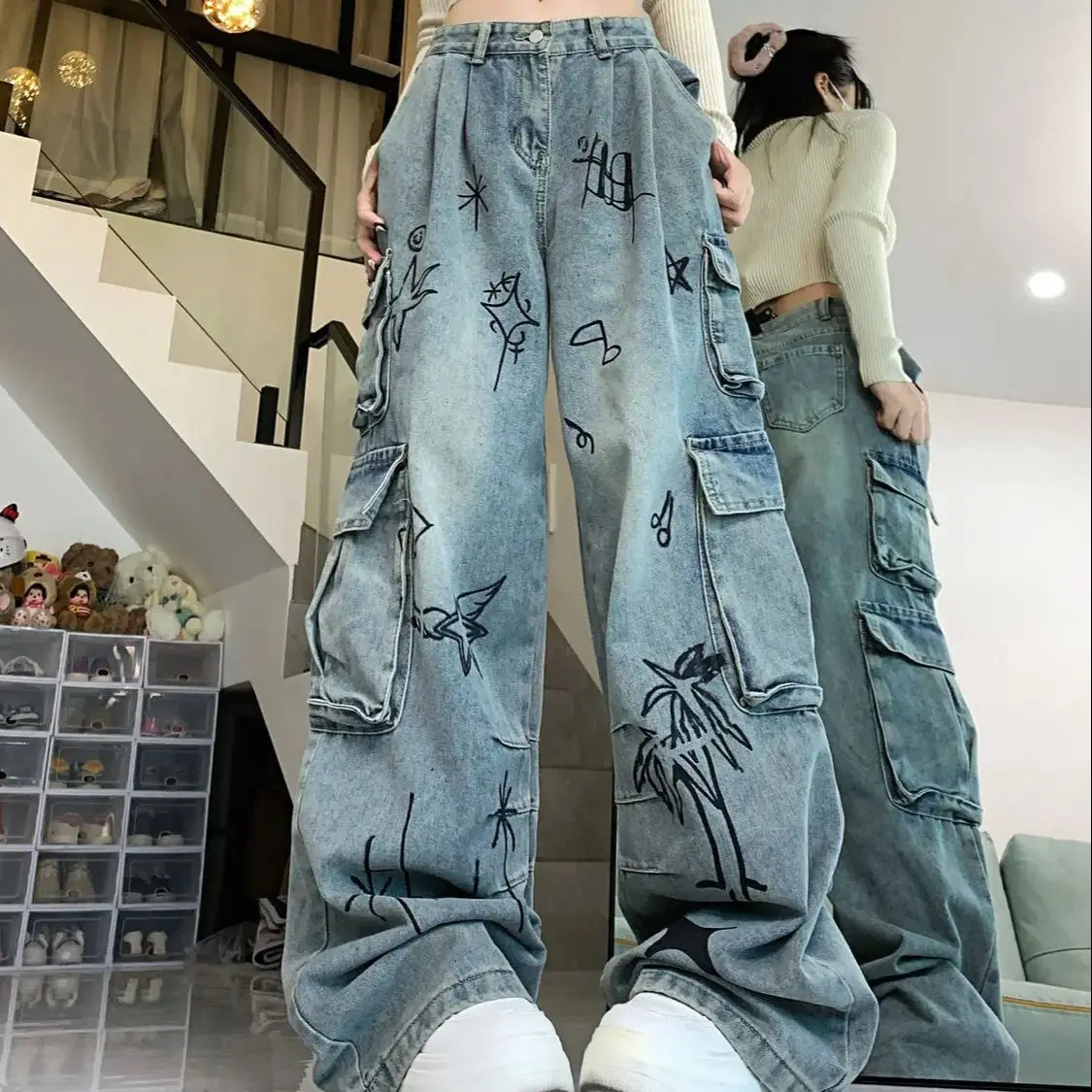 

Graffiti Cartoon Work Jeans Women'S Autumn Winter New American Retro High Waist Loose Slim Wide Leg Pants