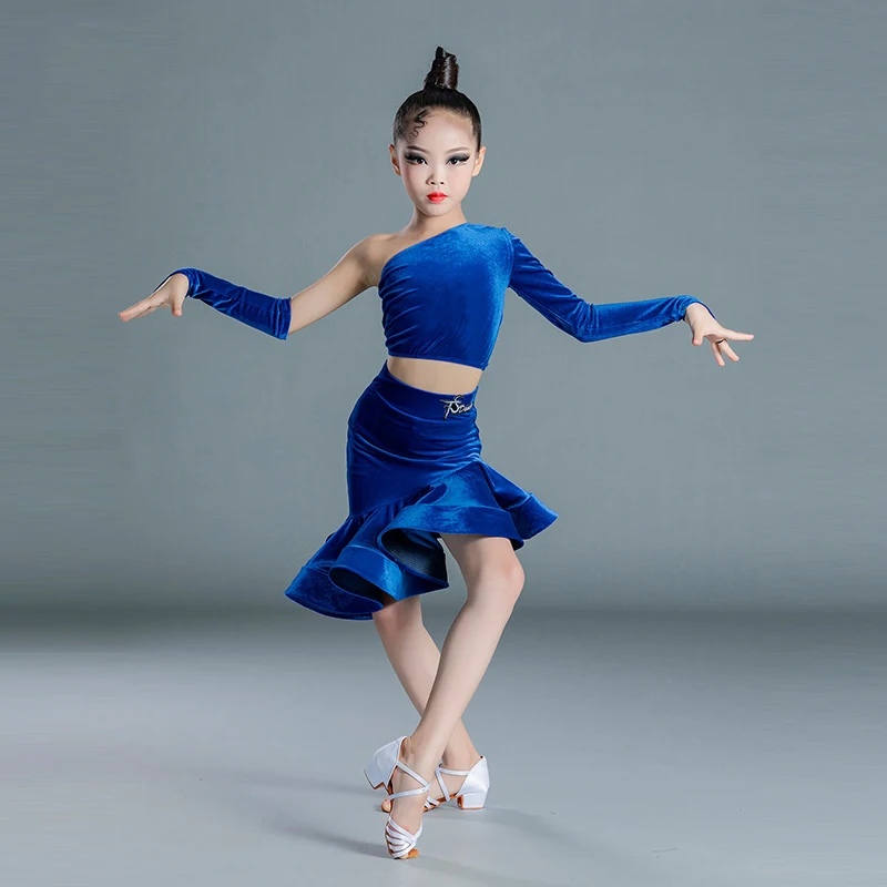 Girls Velvet Latin Dance Clothes Slant  Shoulder Tops Fishtail Skirt Performance Costume Cha Cha Rumba Tango Dance Dress BL13990