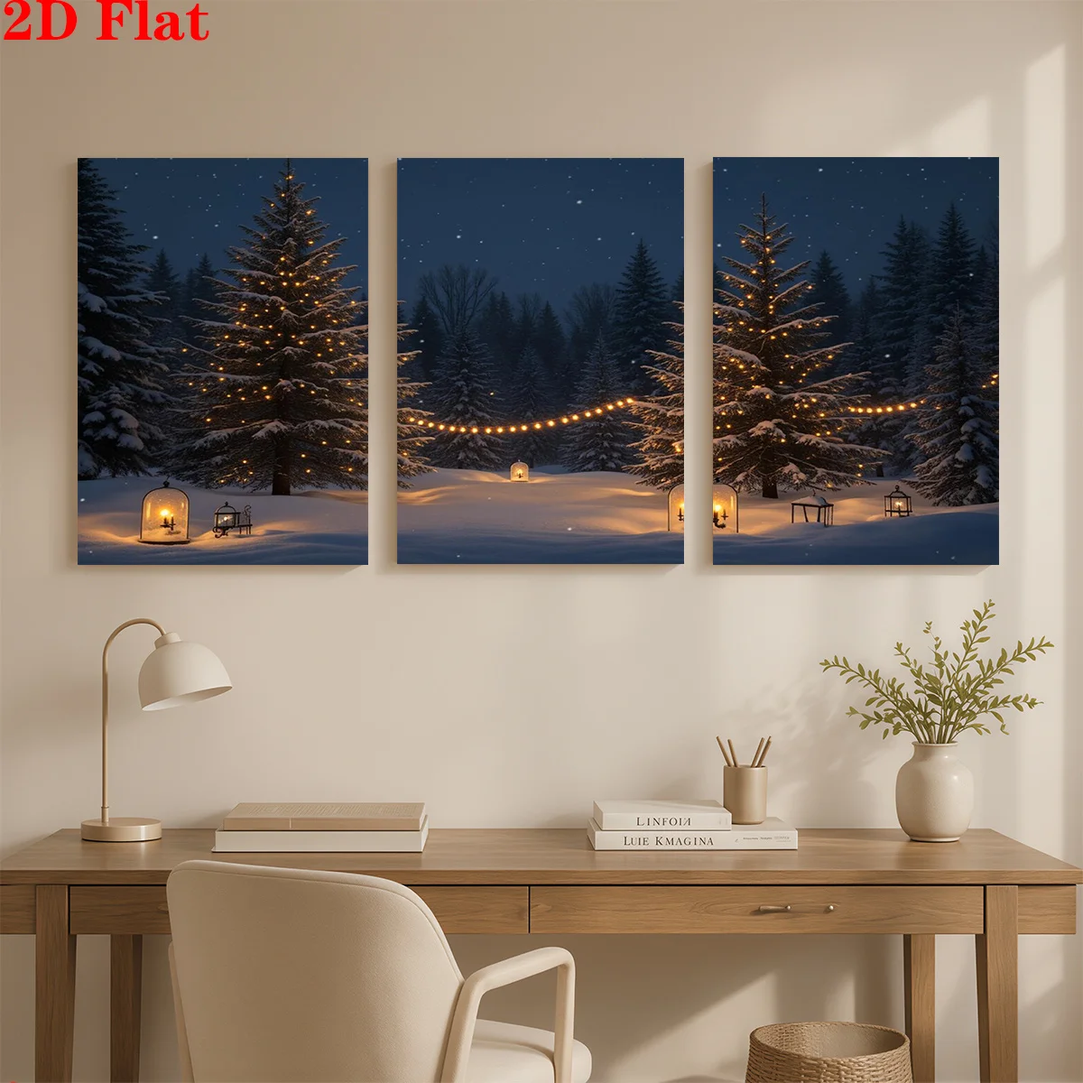 Frameless Canvas 2D 3pcs Canvas Art Wall Hanging- Snowy Trees With Lights. Suitable For Decorating Offices, Dining Rooms, Li