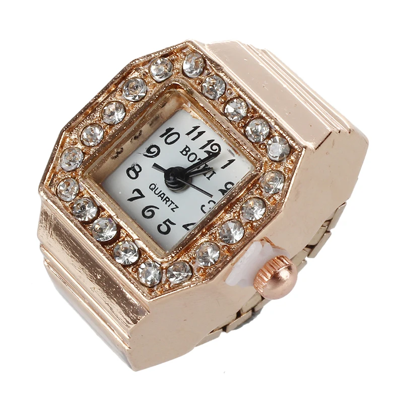 Square Dial Glitter Crystal Decor Elastic Band Finger Ring Watch Copper Tone for Lady