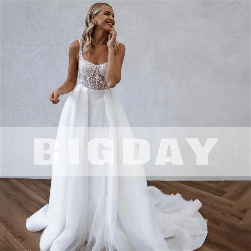 A-Line Wedding Dress Women Lace Open Back Square Collar Spaghetti Straps Split Bridal Gown Train Vestidos De Noiva Customized