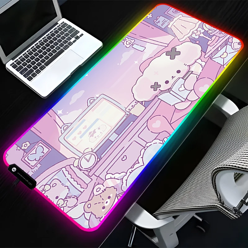 RGB LED Mouse Pad Rubber Anime Mousepad Computer Gaming Accessories Keyboard Pad Office Non Slip Desk Sweet Little Dog Mouse Mat
