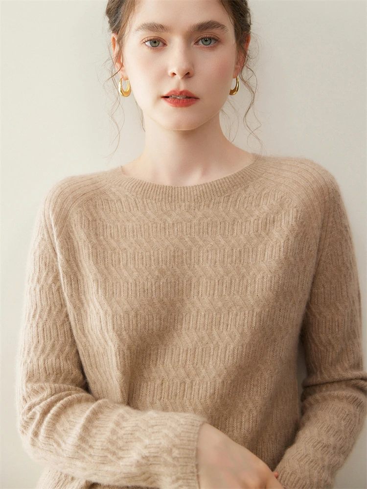 Nowy sweter damski ze 100% kaszmiru na rok 2025, okrągły dekolt, wzór w warkocze, swetry na wiosnę, jesień i zimę, dzianina z kaszmiru koziego, odzież, topy.