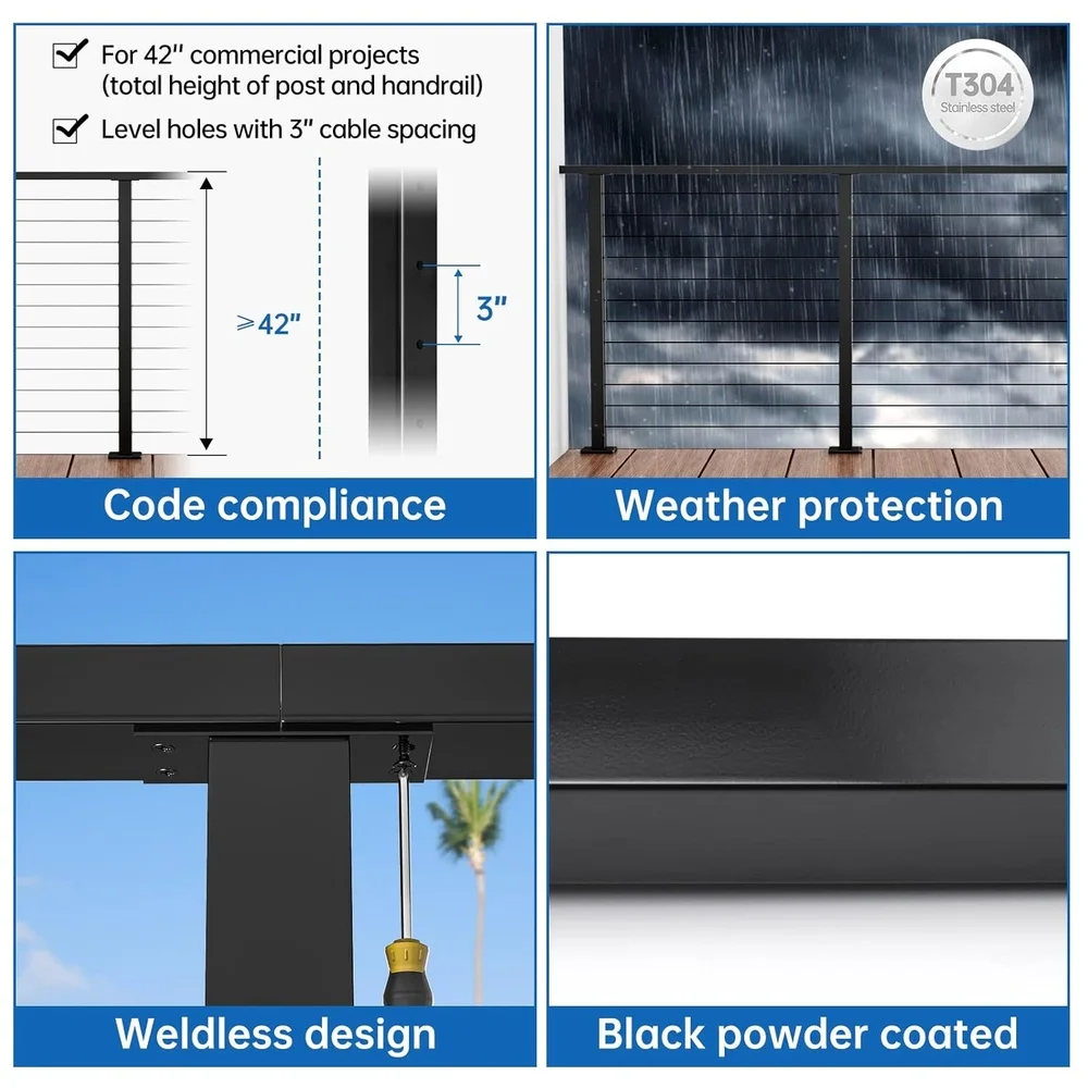 Black Cable Railing Post 42 Inch T304 Stainless Steel Pre-Drilled Surface Mount Structural End Post Level System Kit Indoor