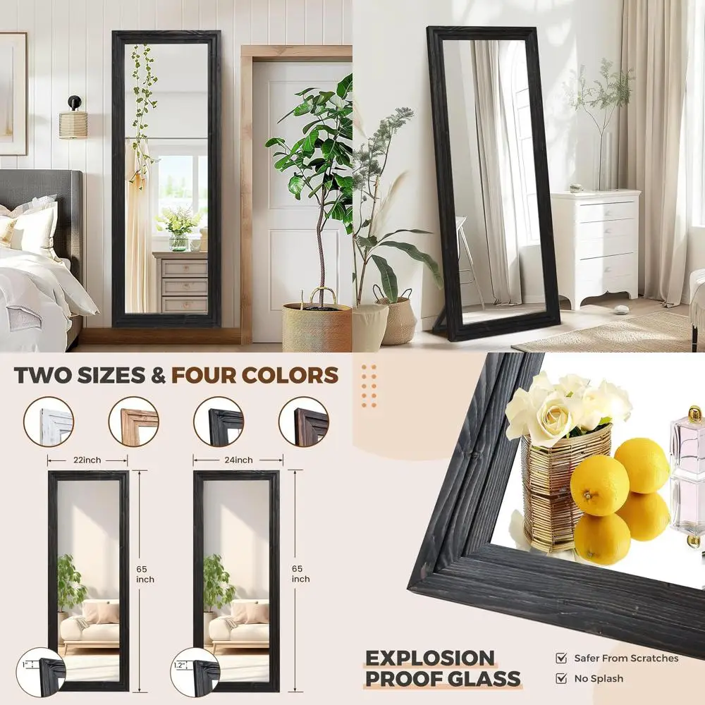 

Большое напольное зеркало из массива дерева 65 x 22 дюйма с подставкой, идеально подходит для гостиной или спальни, черное