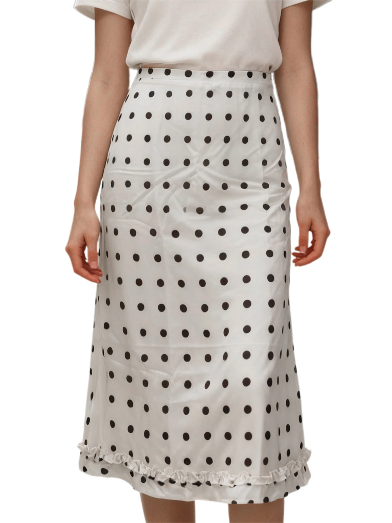 Womens Midi Skirt Casual Ruffled Trim Stylish Dot Print Mid Rise Skirt for Daily Life Club Party and More