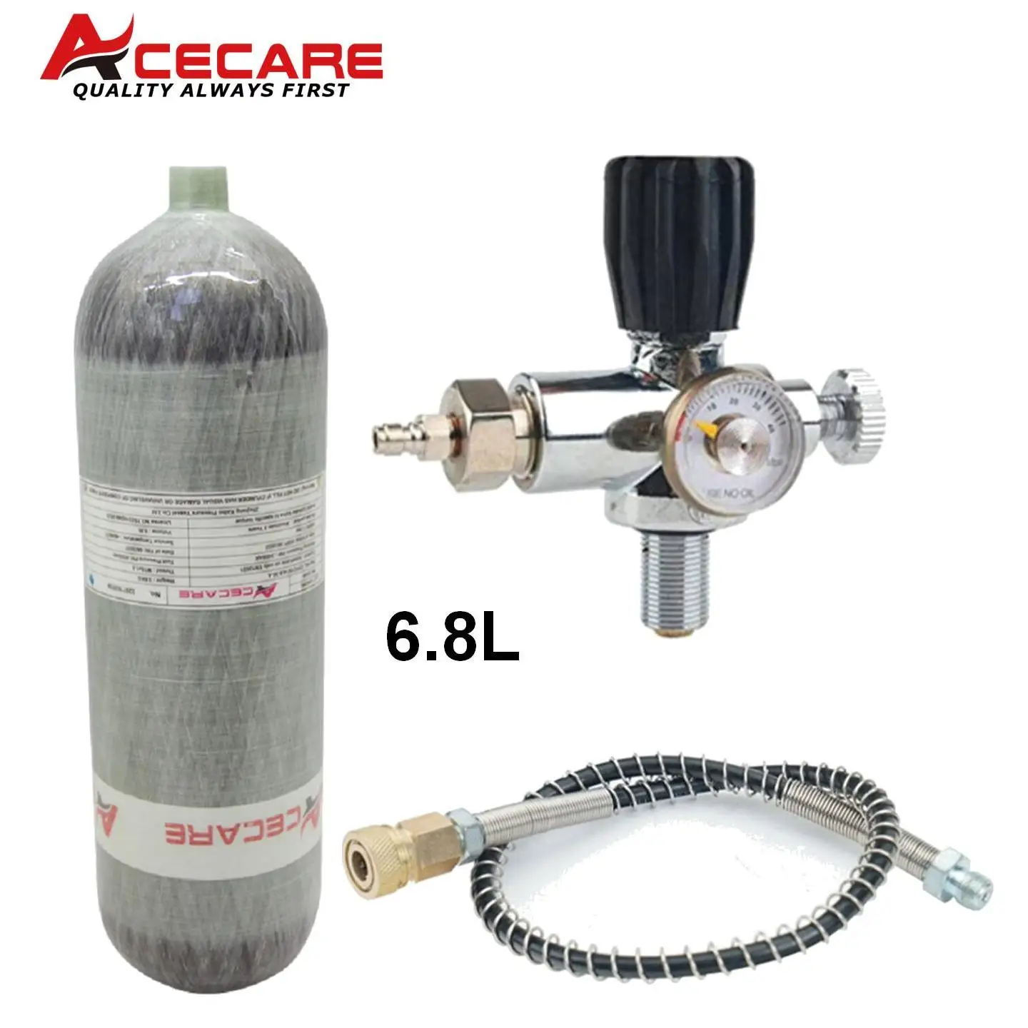 Acecare 4500Psi 300Bar 6.8L Cilindro in fibra di carbonio Serbatoio dell'aria ad alta pressione Stazione di riempimento HPA Valvola di regolazione Scuba Diving M18 * 1.5