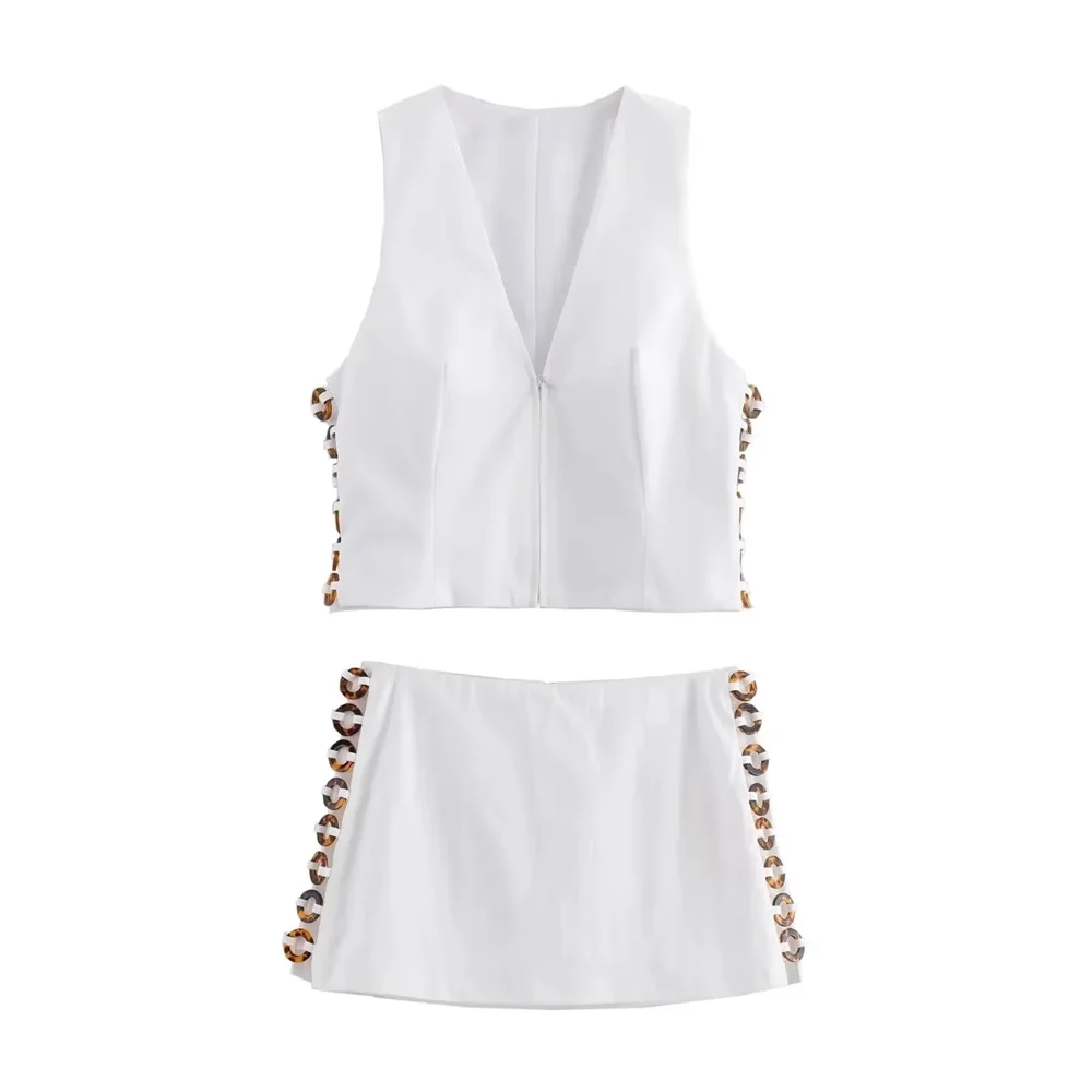 2024 summer new women\'s tortoiseshell effect decorative vest style top white low waisted skirt pants set