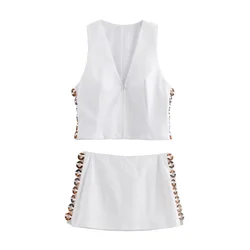 2024 summer new women's tortoiseshell effect decorative vest style top white low waisted skirt pants set