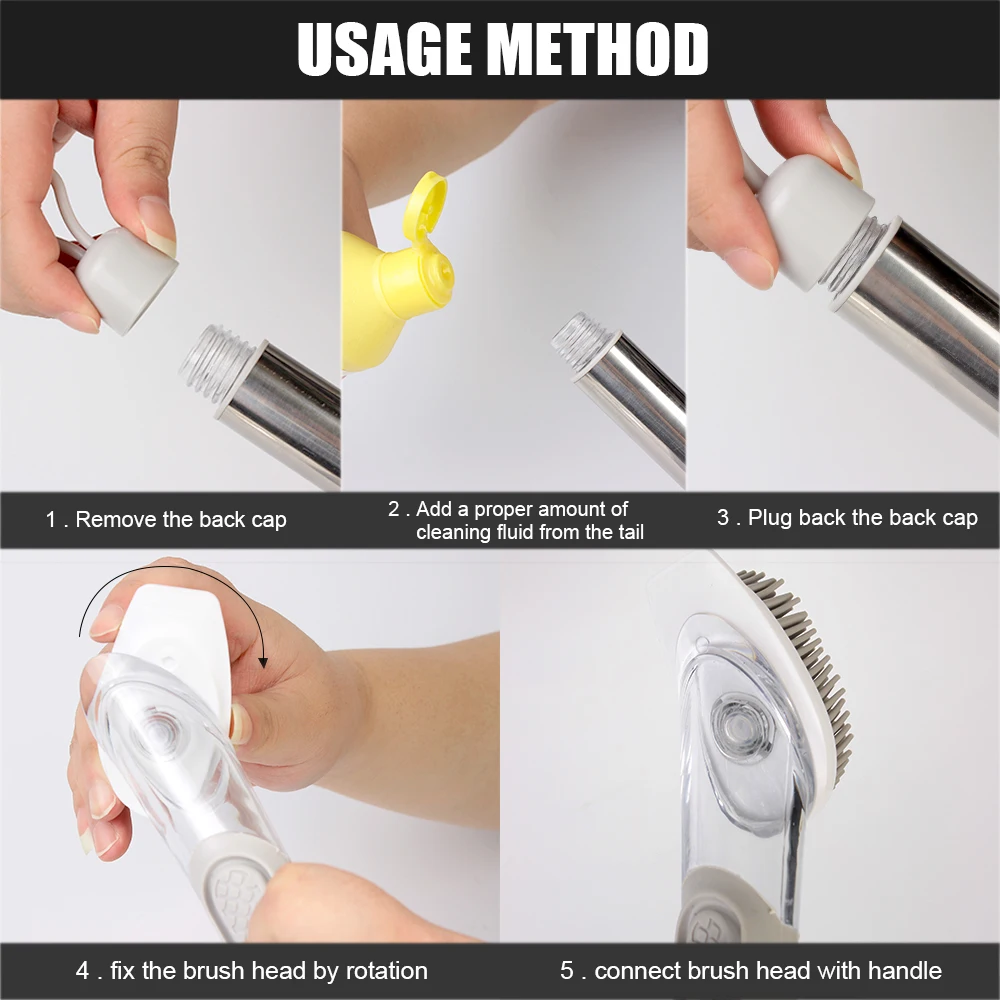 Aparatos de cocina dispensador automático de líquidos 3 en 1, cepillo de limpieza de cocina, cepillo para lavar platos con mango largo, cepillo de esponja extraíble