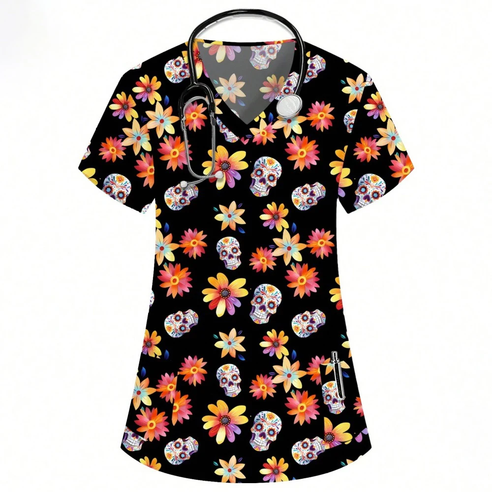 Hospital Nurse Uniforms Women Medical Uniform Print Scrub Top Silk Dental Clinic Work Clothes Mens Scrubs Short Sleeved Jacket