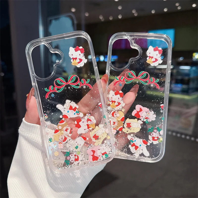 

Cute 3D Cartoon Doll Melody Cinnamoroll Kuromi Hello Kitty Liquid Quicksand Glitter Case For iPhone 12 13 14 15 16 Pro Max Cover