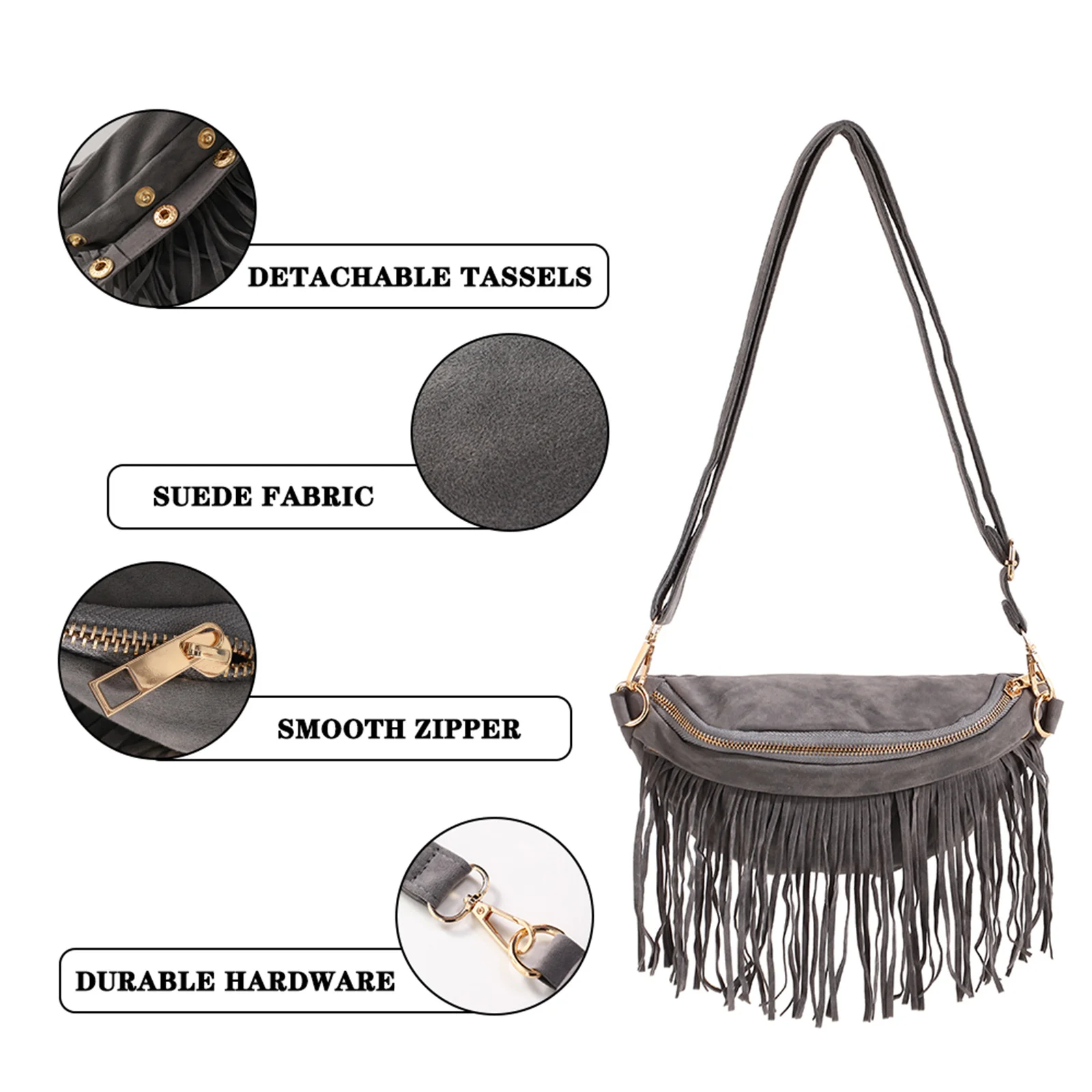 Detachable Tassels Chest Bags For Women Faux Suede Crossbody Bag Fringe Waist Bag For Outdoors Hiking Traveling