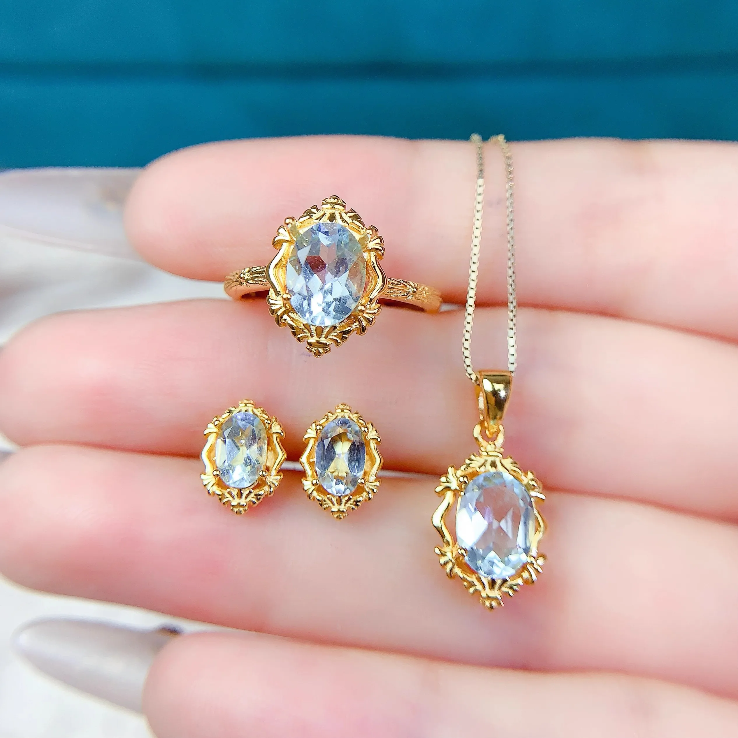 

Fashion 4*6/6*8 Natural Topaz Ring Earrings Pendant 3PC Set S925 Sterling Silver for Women Design Fine Charm Weddings Jewelry FS