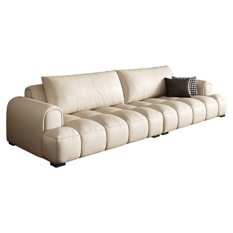 

Italian minimalist puff cream style leather sofa living room light luxury straight row leather sofa