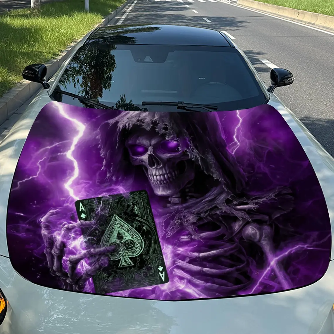 パープルライトニングポーカースケルトン車のボンネットステッカー、防水性と耐摩耗性のpvcステッカー、トラック、suv、船舶に適しています