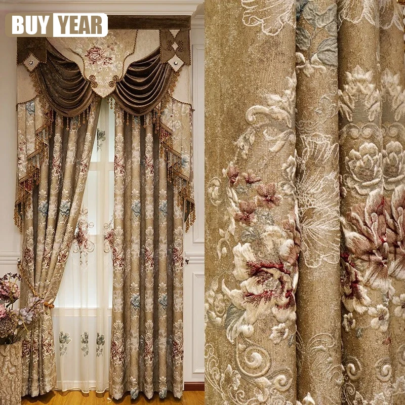 Custom Noble Valance New 3D Embossed Luxury European Flower High-end Textured Tulle Cort Curtains for Living Dining Room Bedroom