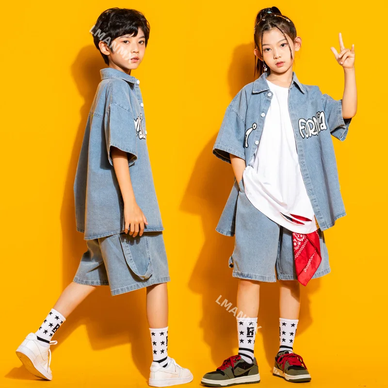 

Fashion Denim Jeans Shirt Shorts Kids Hip Hop Dancing Clothes for Girls Boys Jazz Dancewear Street Dance Wear Ballroom Costumes