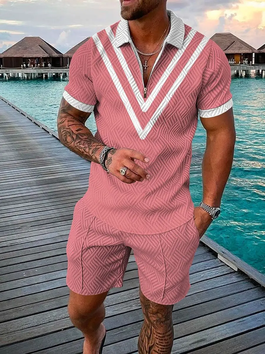 Polo informal con cremallera para hombre, conjunto de ropa de calle, camiseta de manga corta con estampado 3D, pantalones cortos, tendencia de moda,