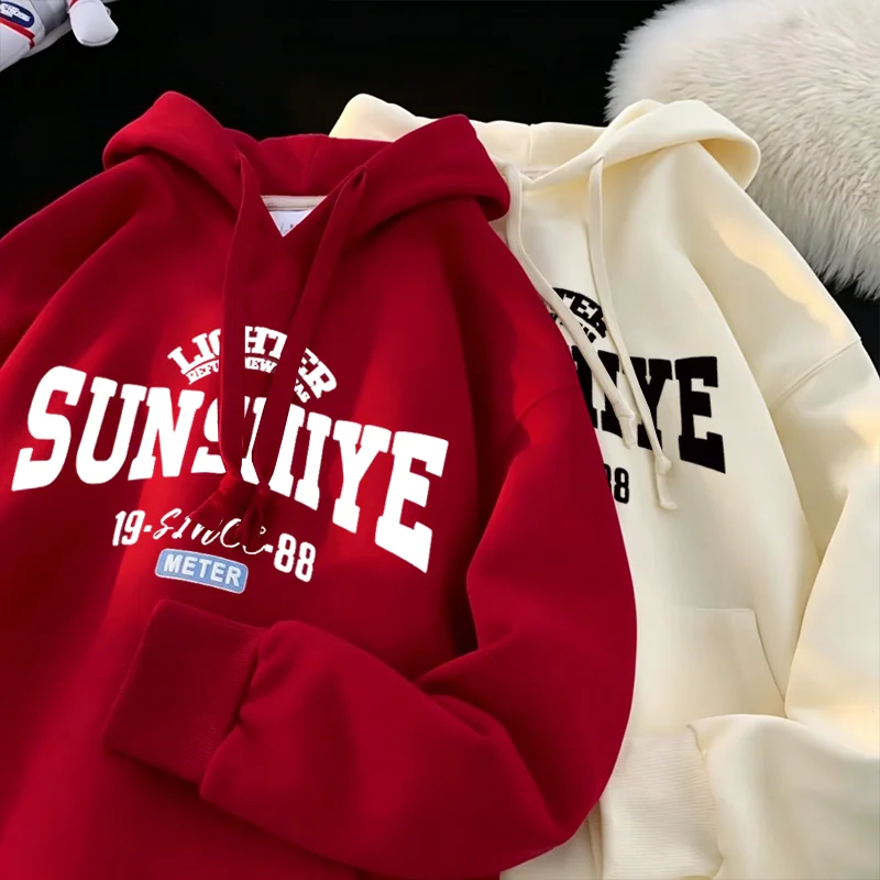 Unisex Vintage Letter Print Hoodie Oversized Loose Pullover Sweatshirt Autumn Winter Casual Streetwear Hooded Top