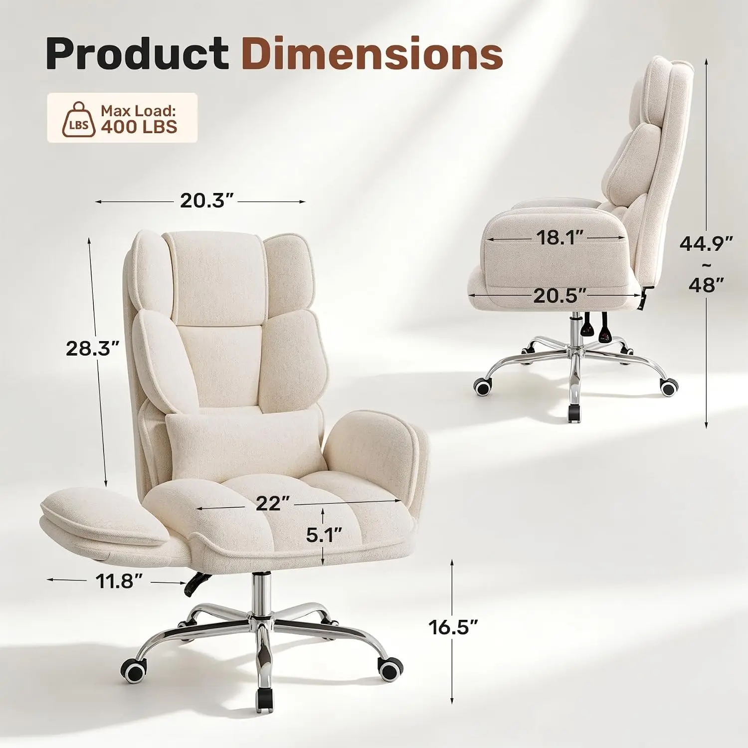 Big & Tall Office Chair Flip Armrests Side Pockets Extra-Wide Plush Seat 150° Reclining Executive Chenille Beige, Customized