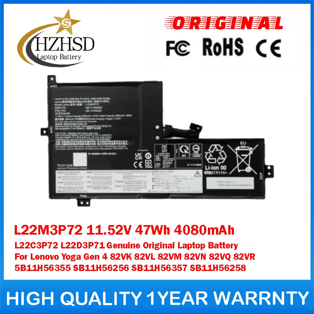 

L22M3P72 11.52V 47Wh 4080mAh L22C3P72/D3P71 Genuine Original Laptop Battery For Lenovo Yoga Gen 4 82VK 82VL 82VM 82VN 82VQ 82VR