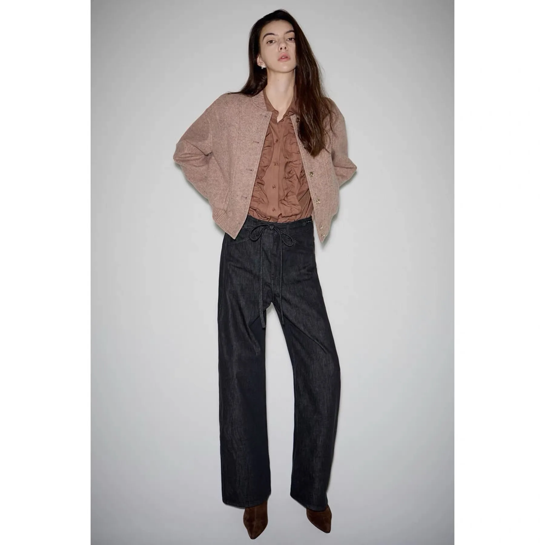 ハイウエスト デニムジーンズ レモンチーズ カジュアル 多用途 着痩せ ワイドレッグパンツ 通勤 スタイリッシュ レディース ファッション