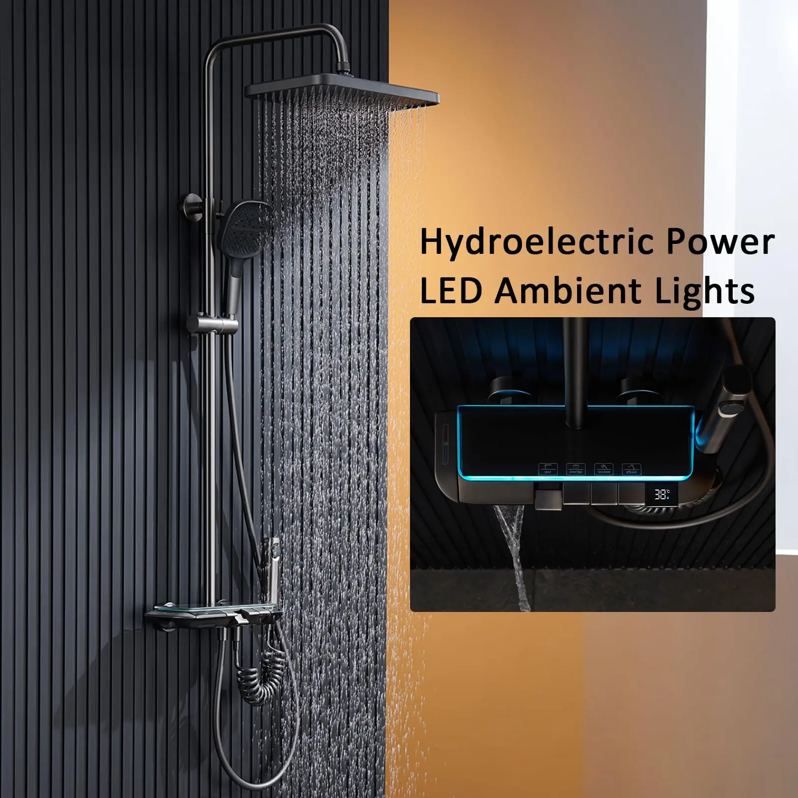 Sistema de ducha de baño de lluvia con pantalla Digital LED inteligente, juego de ducha termostática montado en la pared de latón gris con pistola