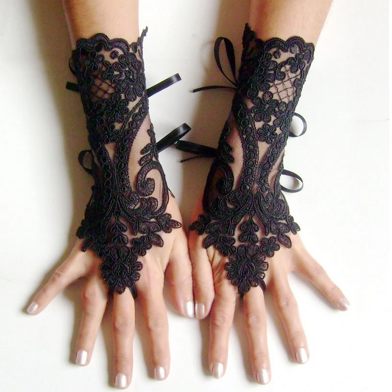 White Black Lace Flower Wedding Gloves Bridal Women Hook Finger Fingerless Gloves Banquet Party Photography Clothing Accessories