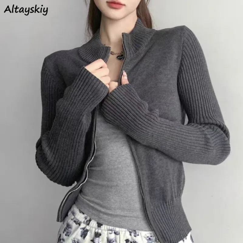 Zipper Cardigans for Women Slim Korean Style Ins Streetwear Spring Autumn Casual College Stand Collar Young Simple Warm Clothing