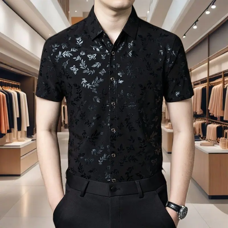 

Men's Shiny Satin Jacquard Short Sleeve Shirt Summer Casual Breathable Non Iron Dress Shirt for Middle Aged