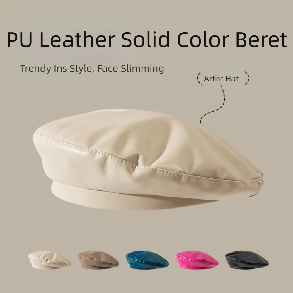Temperament PU Leder Perle Bogen Baskenmütze Einfarbig Britischen Stil Künstler Hut Koreanischen Stil Retro Design Maler Hut Streetwear