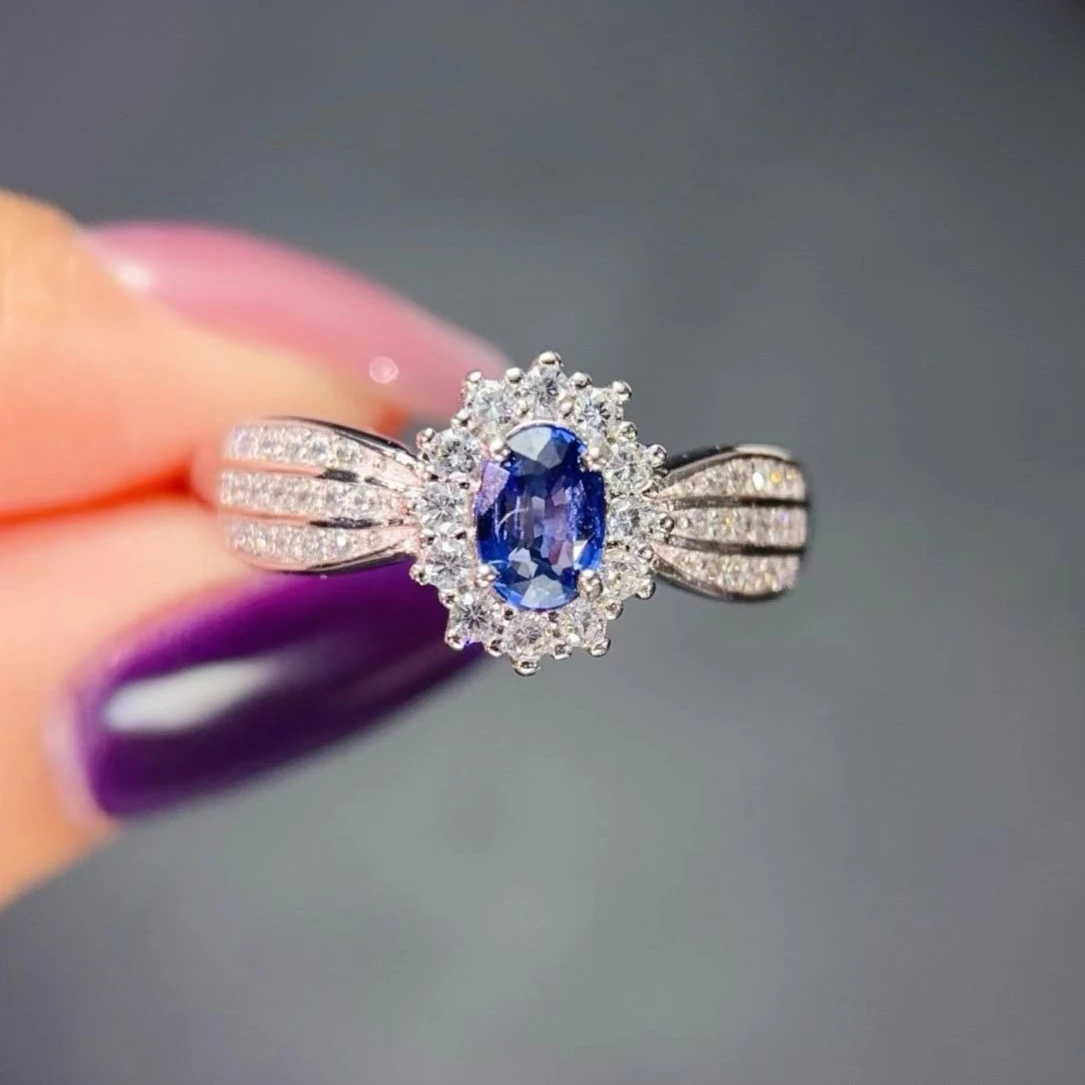 Natural Sapphire Engagement Ring for Women 925 Silver 4*6mm Blue Sapphire Jewelry with Certificate Birthday Gift for Girl Friend