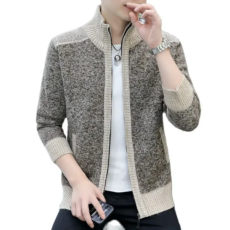 

Autumn and Winter Korean Style Men Patchwork Cardigan Sweaters Men's Stand Collar Sweater Coat Zipper Knitted Jacket Male 881