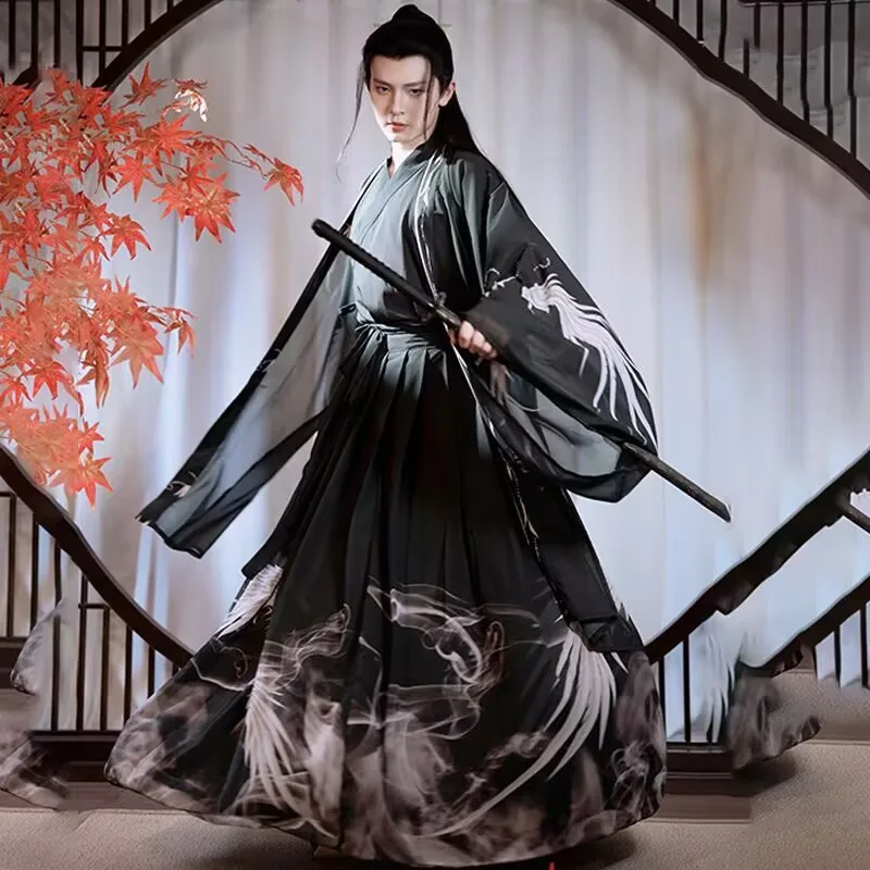 Hanfu мужской китайский древний традиционный черный костюм Hanfu с принтом мужской Хэллоуин косплей костюм Hanfu 3 шт. костюмы плюс размер XXL