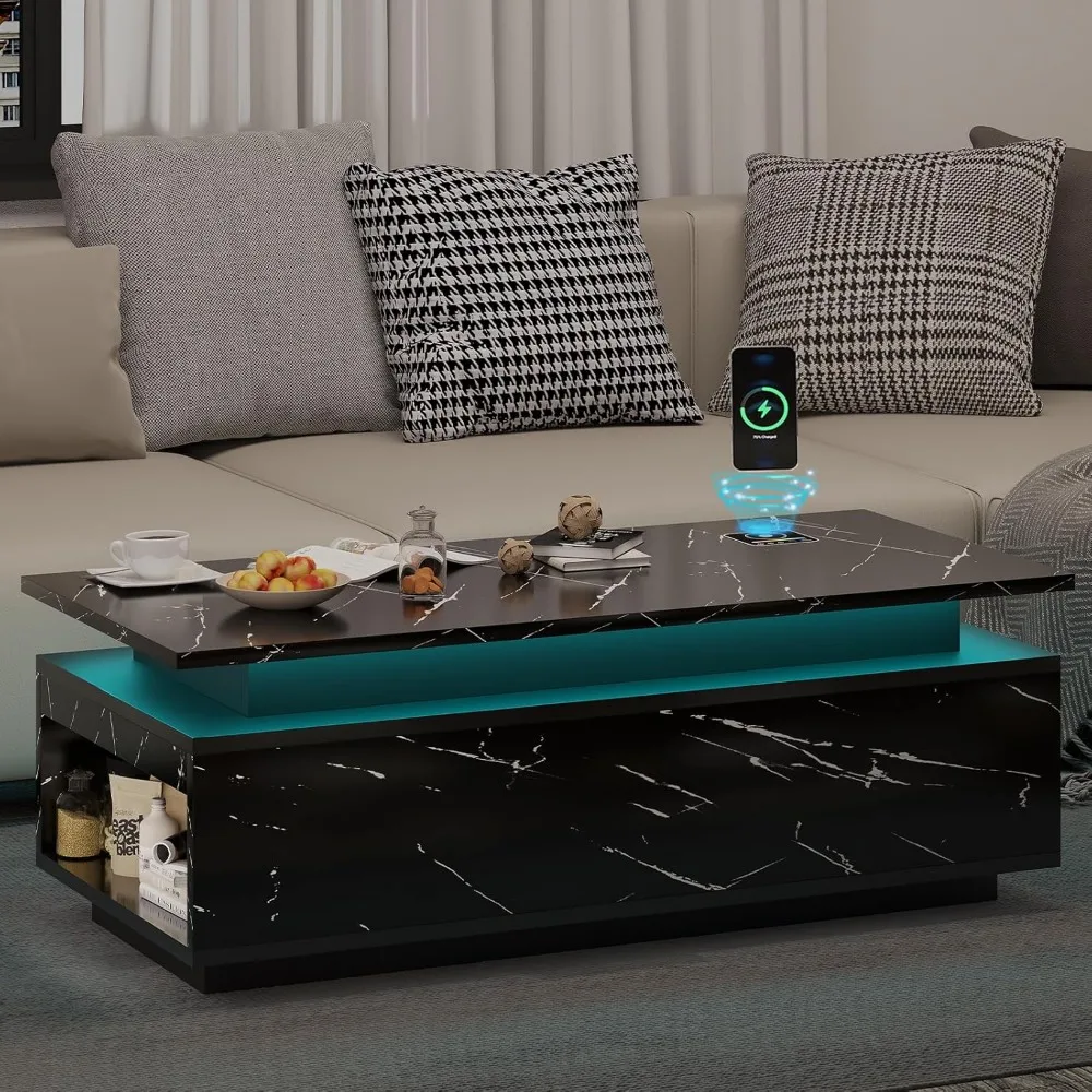 Coffee Table with Storage, Coffee Table with Wireless Charging and Bluetooth Speaker, High Glossy Table with 24-Color LED Lights