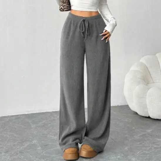 

Spring New Solid Color Casual Simple High Waisted Lace Up Slim Fit Versatile Daily Outdoor Women's Corduroy Straight Leg Pants