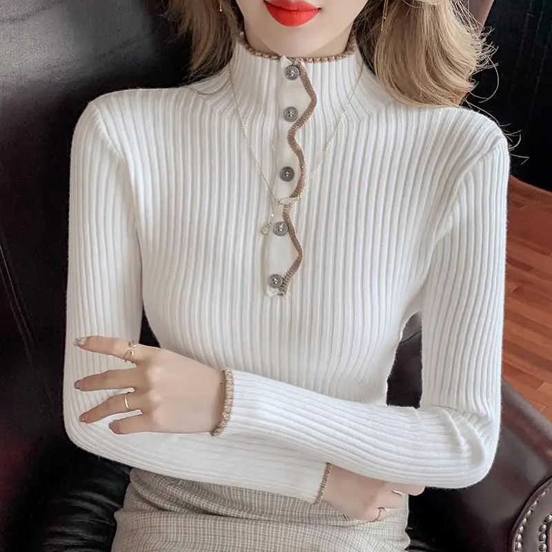 Women Autumn Korean New Half High Neck Pullover Knitted Commuter Fashion Solid Button Sweater Casual Versatile Long Sleeved Tops