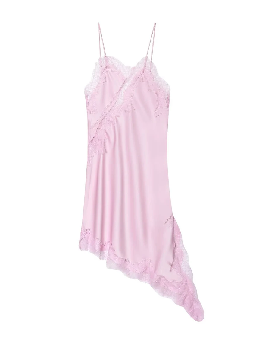 Parc Fee Sexy Loose Black Satin Women's Dress Summer Strap Sleeveless Mini Dresses Elegant Classic Lace Spliced Female Dress