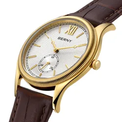 BERNY Luxury Men's Watch Slim Classic Elegance Dress Gold Quartz Watches for Men Leather Strap Fashion Business Wristwatch
