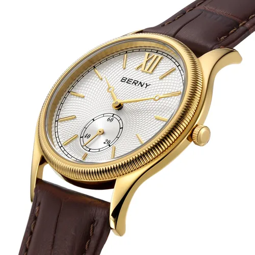 Imagen 1 del producto Reloj BERNY de lujo para hombre, vestido elegante clásico ultrafino, relojes de cuarzo dorados para hombre, correa de cuero, reloj de pulsera de negocios a la moda