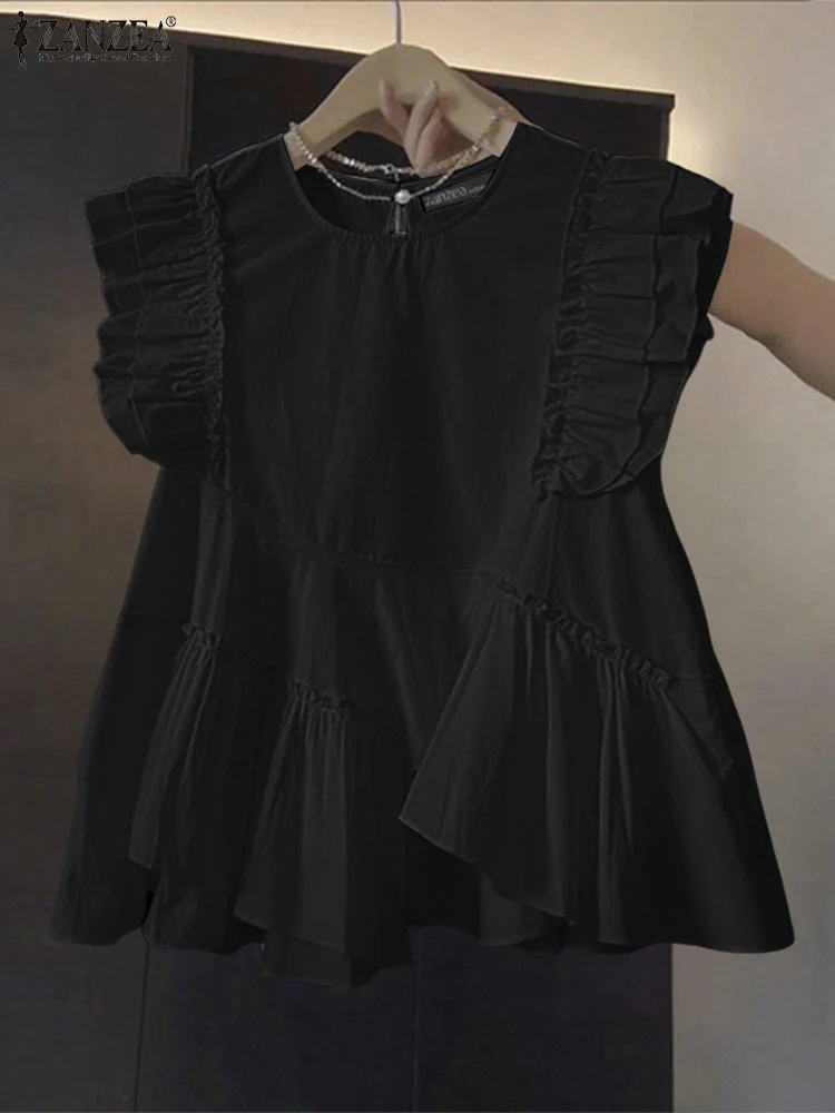 ZANZEA Moda Ruffles Top Camicetta da donna Casual Allentato Tunica asimmetrica 2025 Estate O Collo Pullover senza maniche Solid Blusas