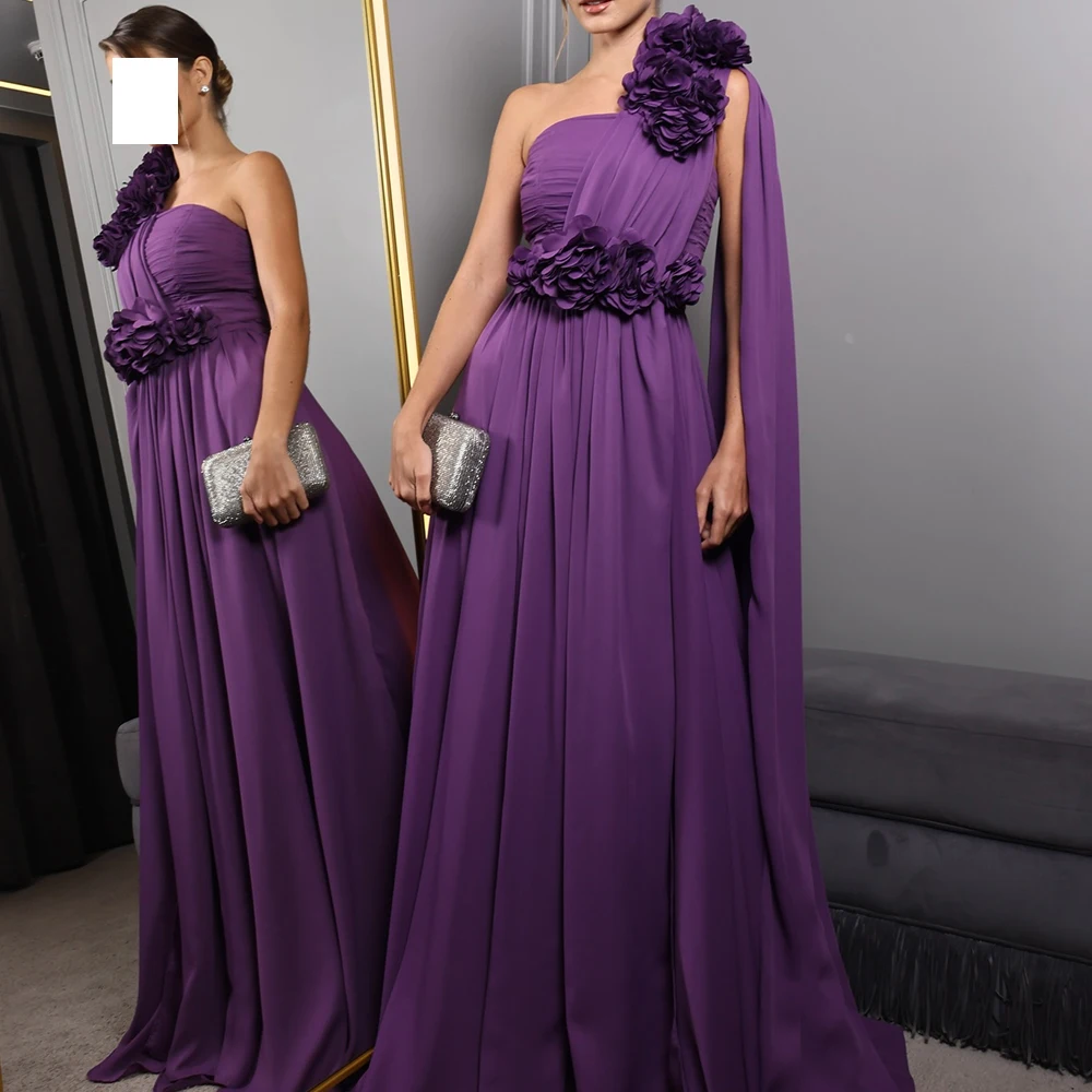 

One Shoulder Floor Length Straight Satin Sleeveless Pleats Sweep Train Solid Purple Flowers Bespoke Occasion Gowns Fashion 2024