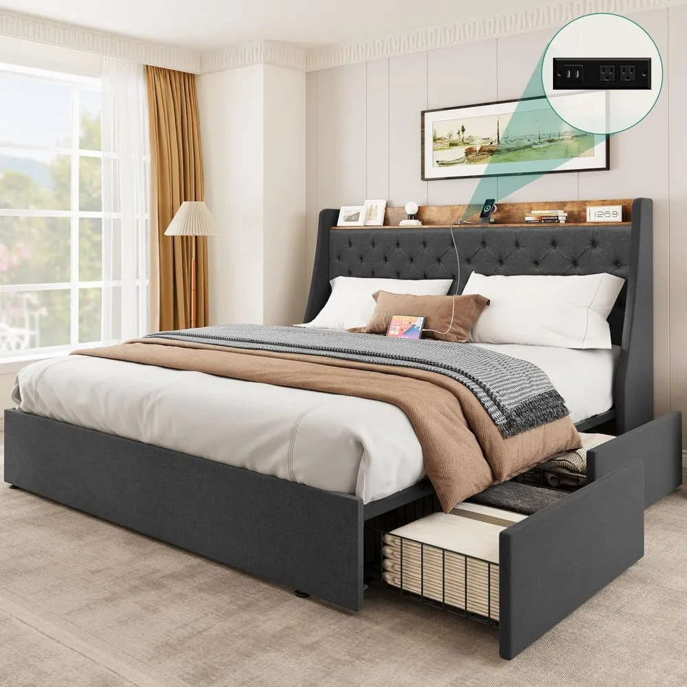 

King Size Bed Frame with 4 Storage Drawers, Upholstered Platform Bed Frame with Wingback Storage Headboard, Outlets and USB Port