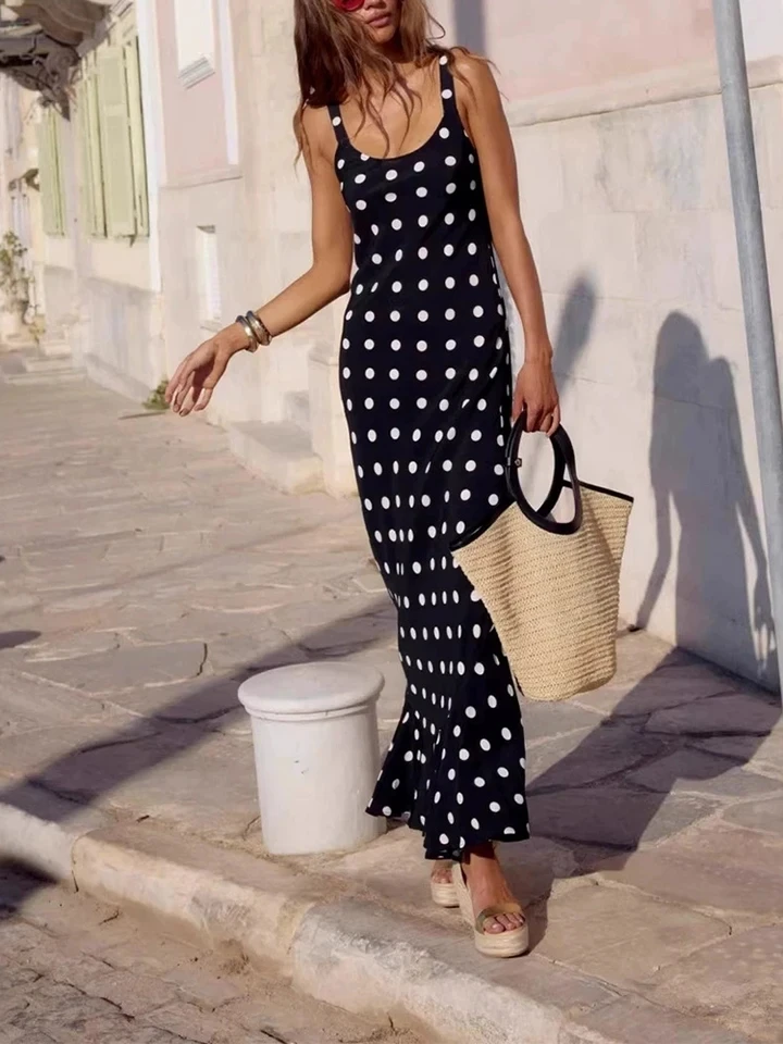 

Stylish U Collar Suspender Polka Dot Printed Dress Elegant Sleeveless Slim Wrap Hips Dress Summer Beach Vacation Women's Dresses