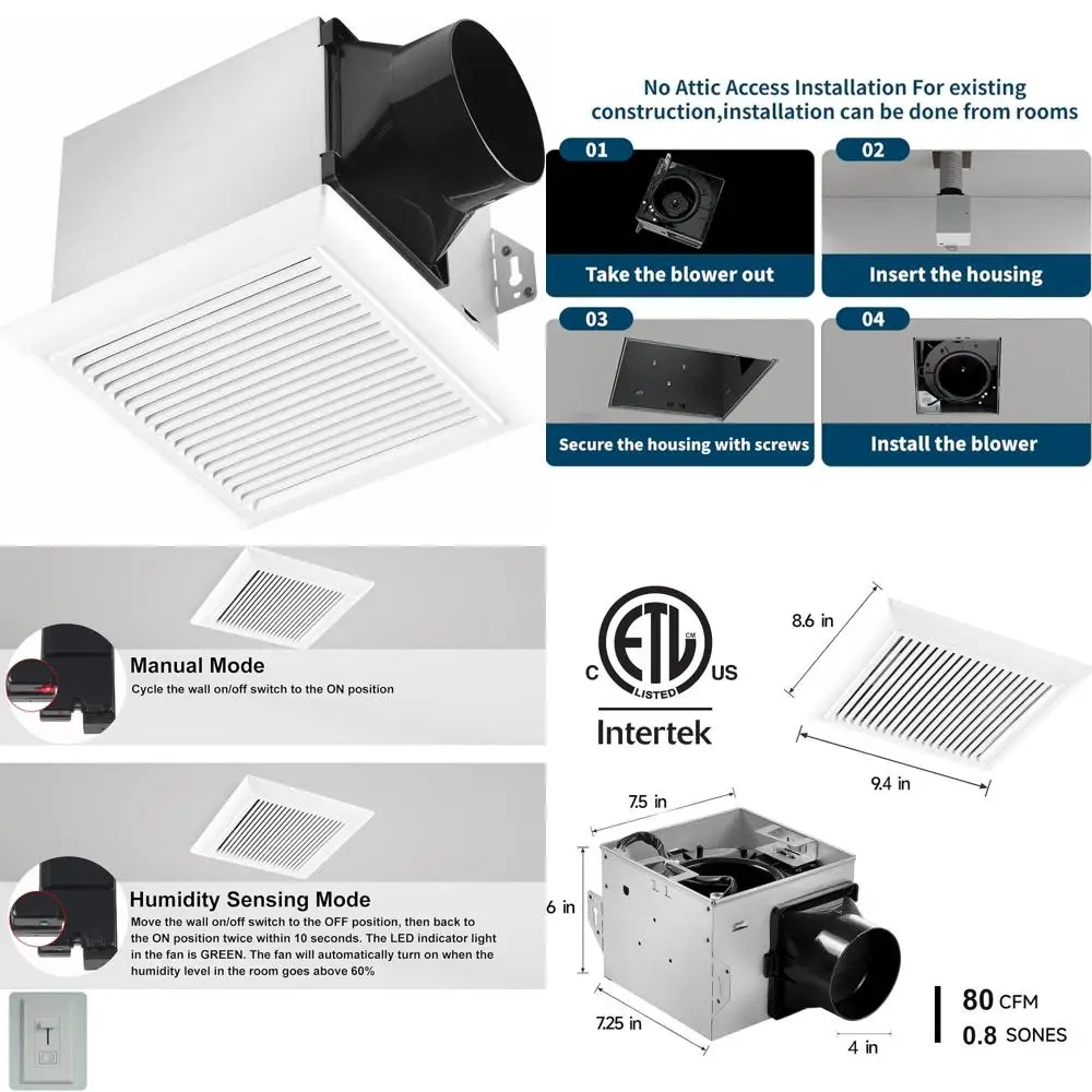 

Energy-Efficient 80cm Ceiling-Mounted Bathroom Exhaust Fan with 4 Duct, 0.8 Sone, Quiet Operation, Easy Install, White, ETL Cert
