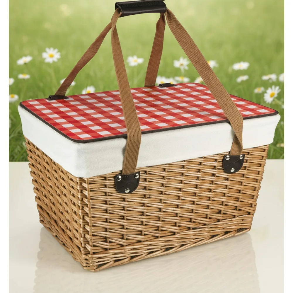 

Large Woven Picnic Basket for 2 with Removable Lid, Vintage Design Outdoor Dining Set for Couples & Families