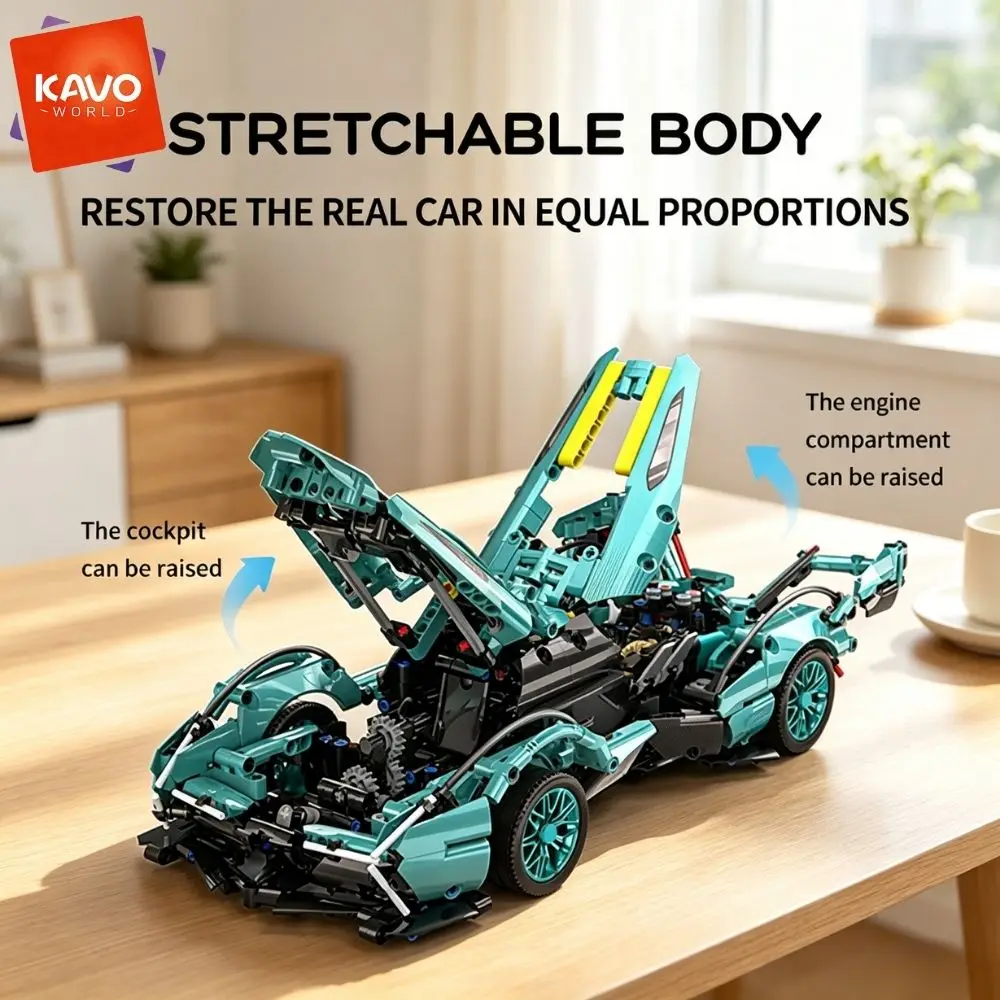 KAVOWORLD 981PCS 1:14 Scale Building Sports Car Blocks Set Adjustable Scissor Doors Openable Cockpit Liftable Engine Bay Linkage Steering Press-Down Front DIY Racing Car Brick Construction Kit Desktop Display Home Decor Birthday Gift for Car Hobbyists