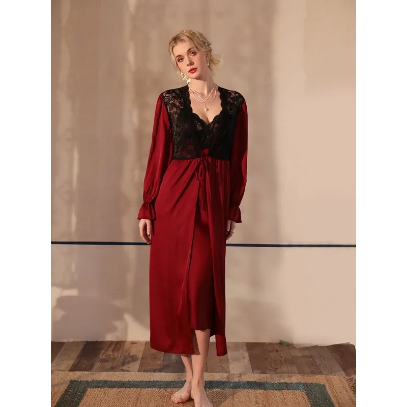 Sexy Sleepwear Backless Beauty Back Solid Color Deep V To Wind Ice Silk Lace Home Suit   Explosive New Sexy Halter Nightdress