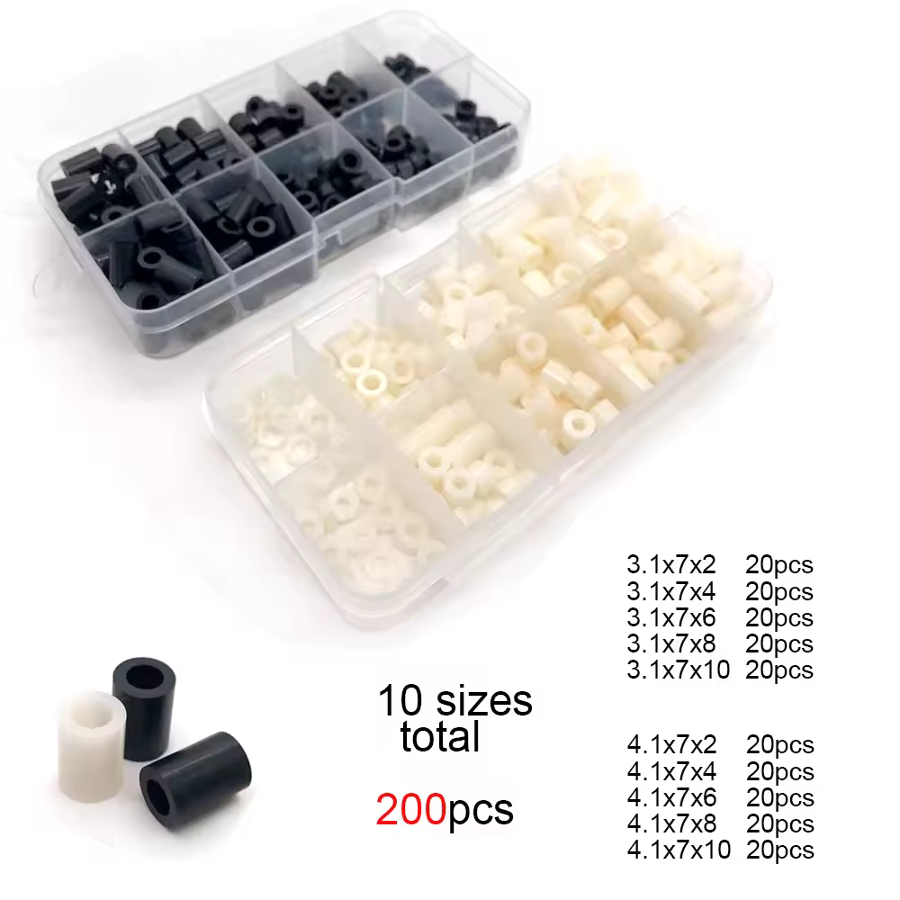 200 pièces/ensemble M3 M4 10 tailles noir blanc ABS Nylon plastique Non fileté entretoise creux entretoise assortiment Kit rondelle ensemble boîte